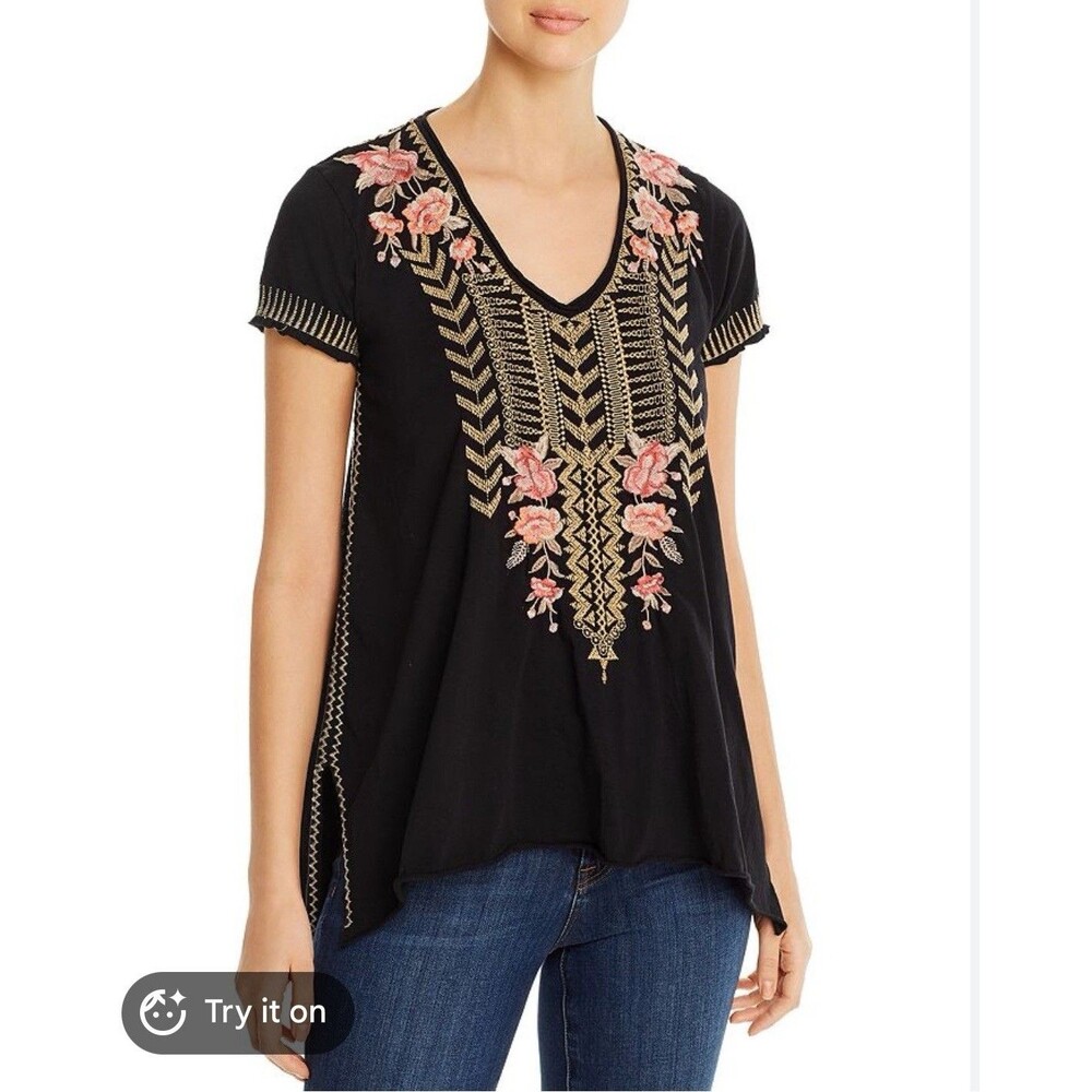 Johnny Was Plus Size Rianne Embroidered Knit Drape Top In Black XXL